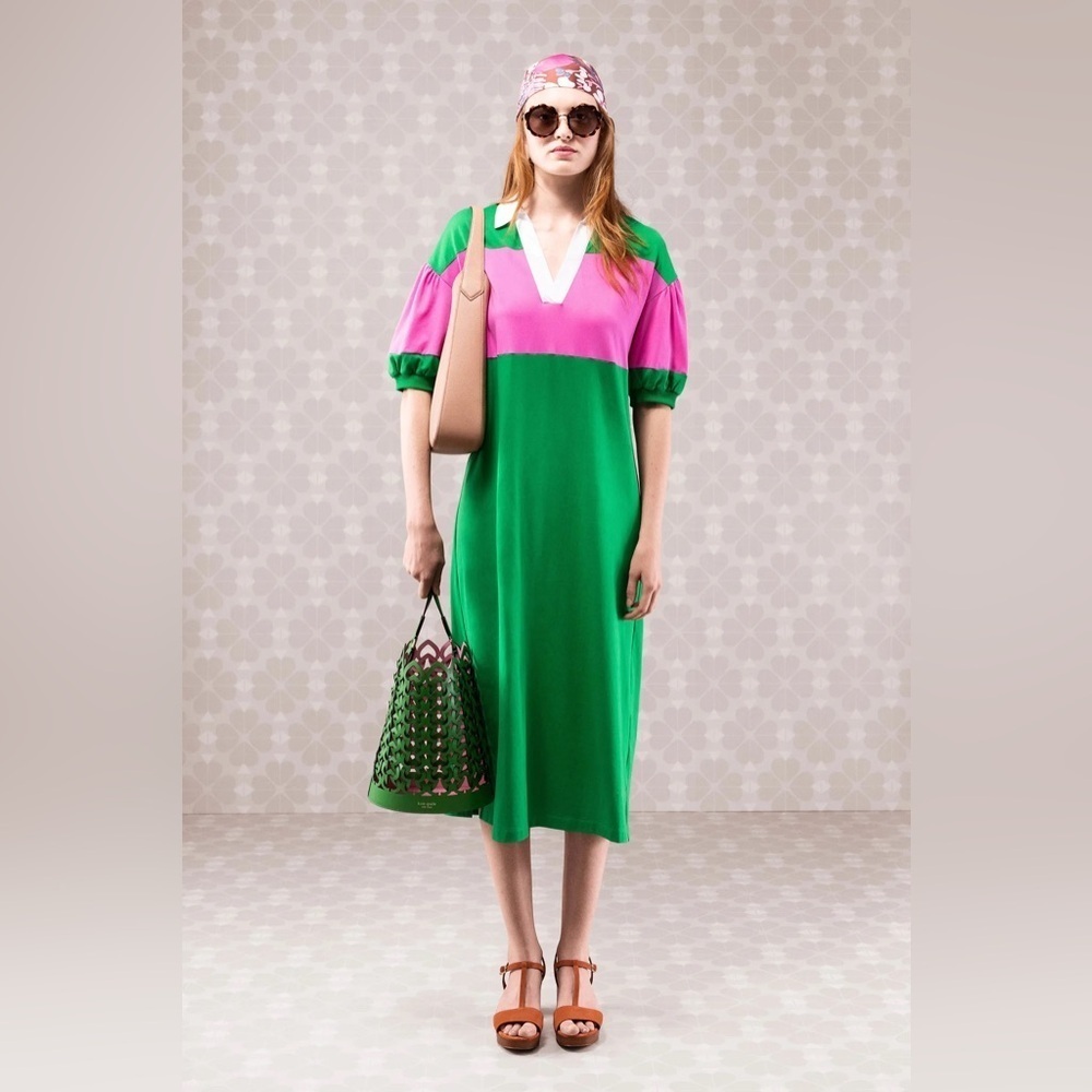 Kate Spade New York Colorblock Green and Pink Pattern Midi Length Dress